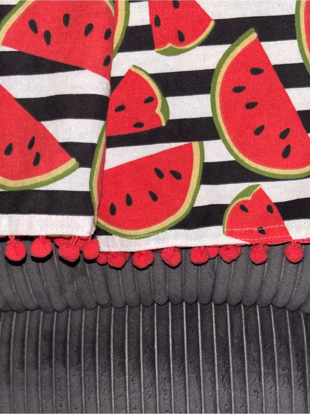 Black & White Striped Watermelon Print Kitchen Towels with Red Pom Trim